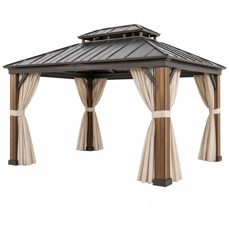 Altana ogrodowa 300 x 300 x 280 cm metalowa brązowo-czarna z zasłonami
