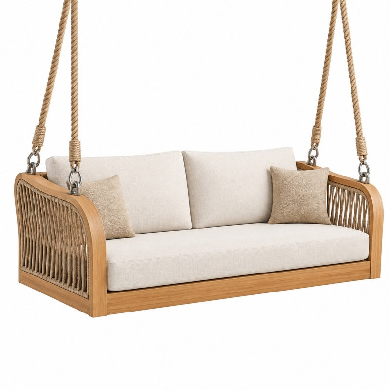 Huśtawka ogrodowa wisząca 150 x 75 x 65 cm - drewniana beżowa dwuosobowa
