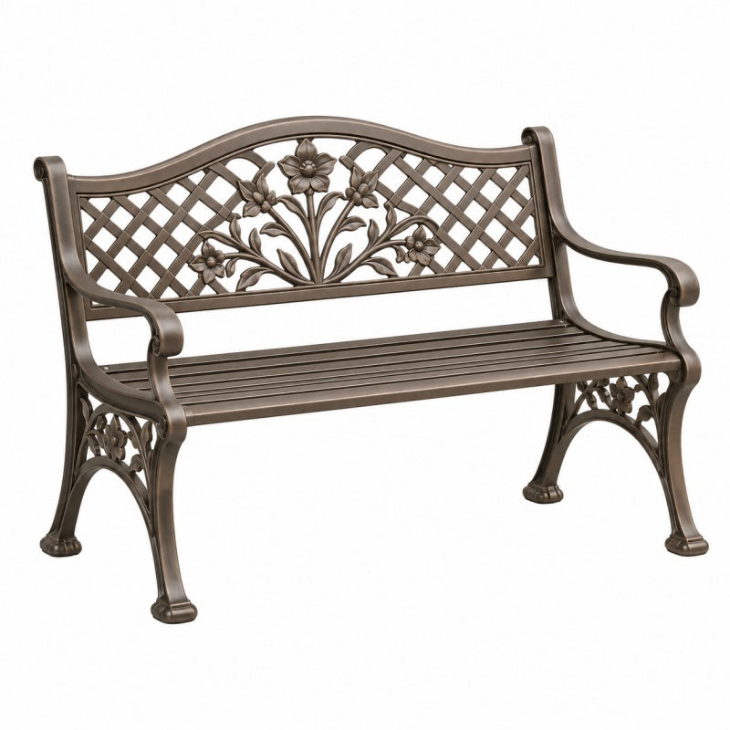Ławka ogrodowa 125 x 60 x 90 cm metalowa brązowa klasyczna z podłokietnikami