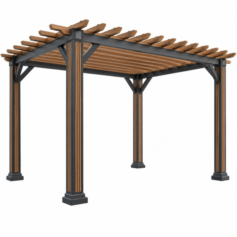 Pergola ogrodowa 300 x 300 x 230 cm metal i drewno czarno brązowa z ażurowym zadaszeniem