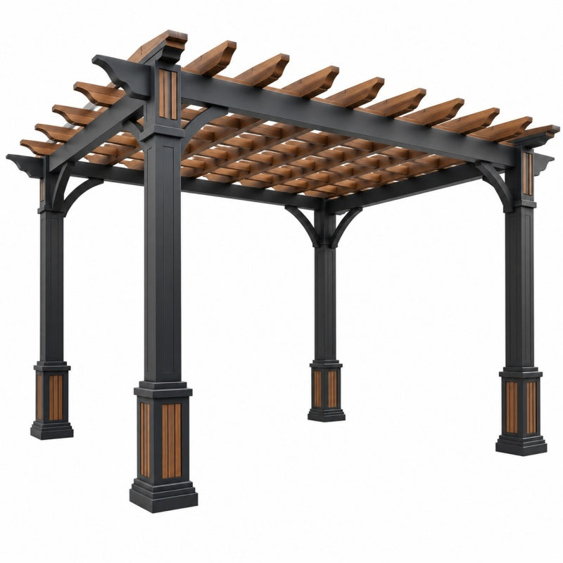 Pergola ogrodowa 300 x 300 x 240 cm stalowa czarno brązowa z drewnianym dachem w stylu klasycznym