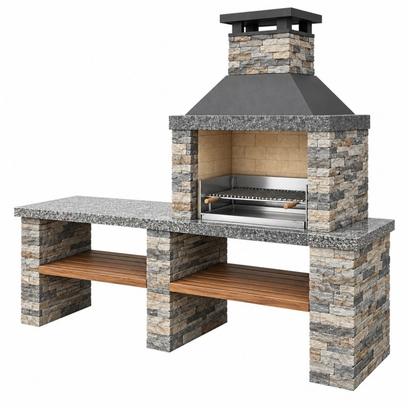 Grill ogrodowy murowany 240 x 70 x 220 cm kamień stal szary z półkami